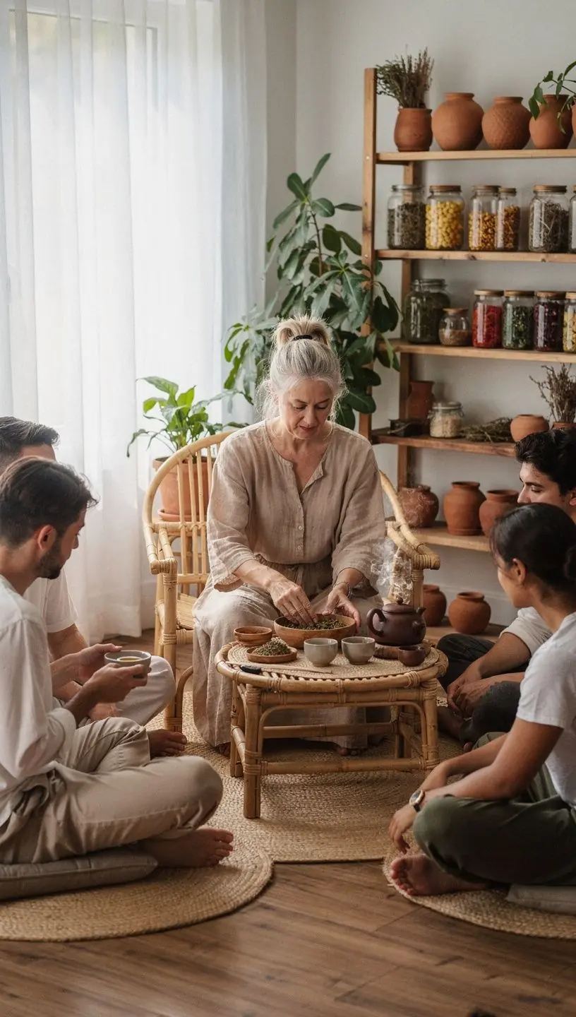 Švelniai garuojantis žolelių arbatos puodelis ant medinio stalo, simbolizuojantis ramybės ritualą.