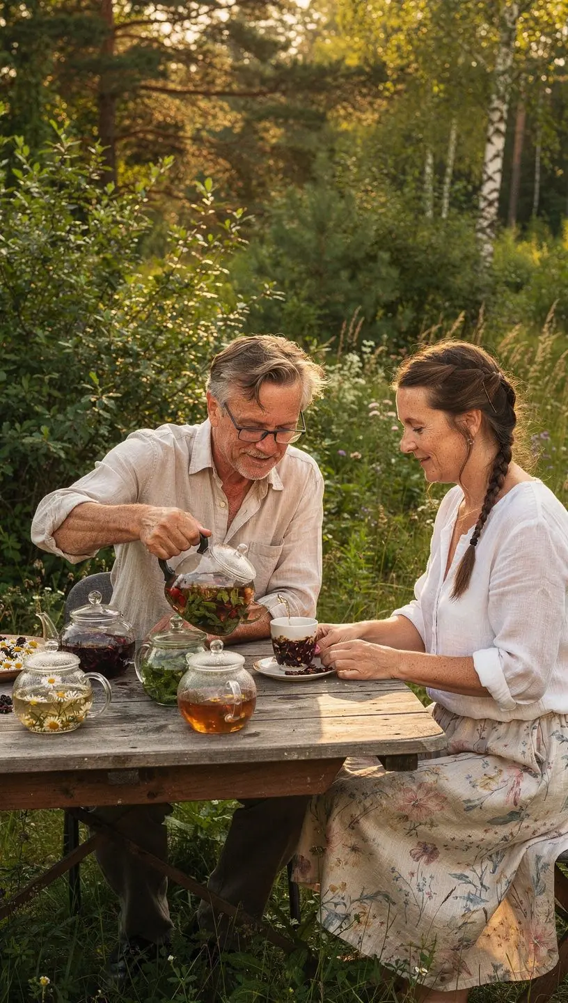 Žmogaus rankos, laikantys žolelių arbatos puodelį, fone matyti žalia gamta ir rami aplinka.