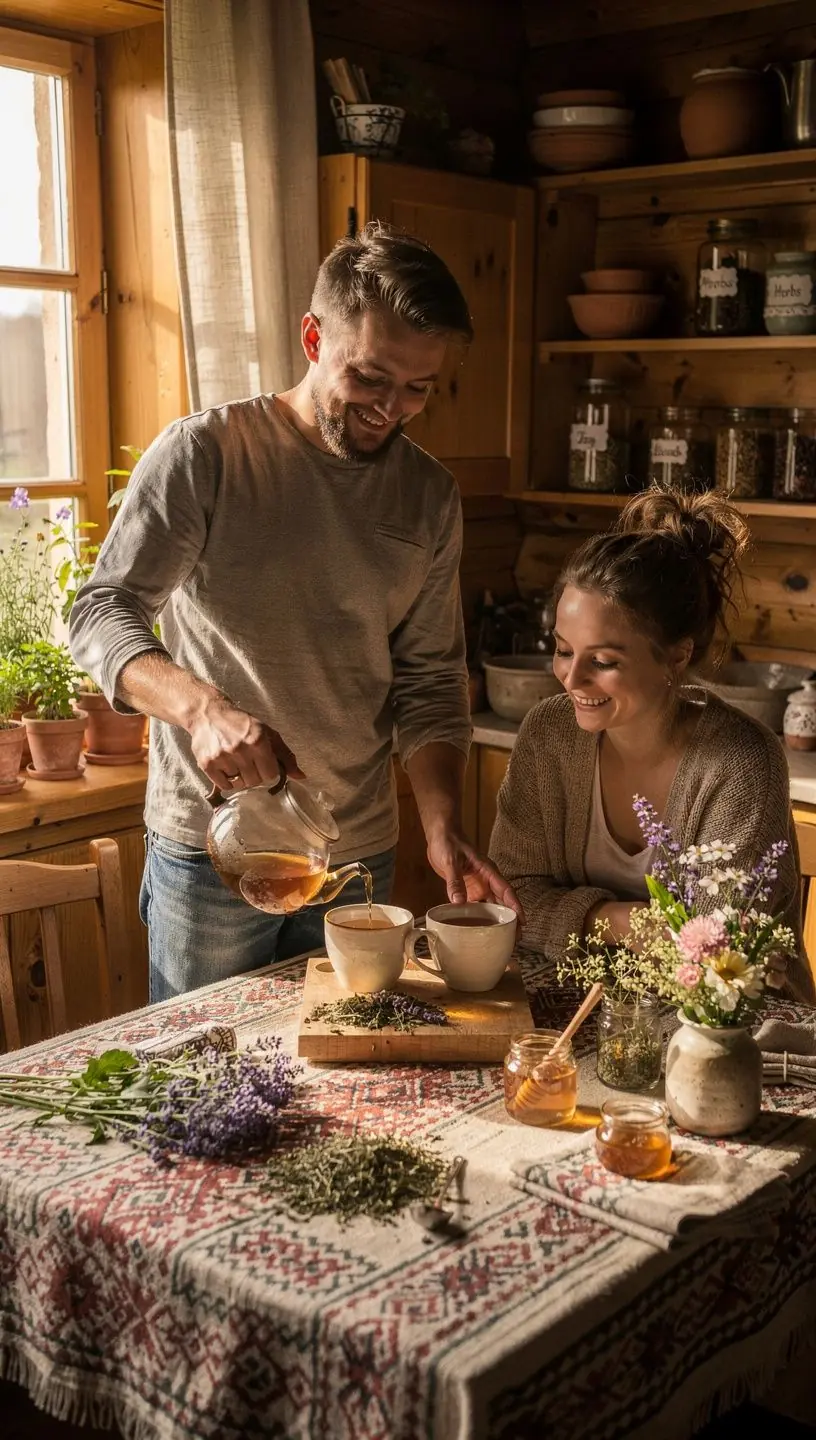 Subtiliai sudėlioti įvairių žolelių lapai ir gėlės ant balto fono, skatinantys natūralų poilsį.