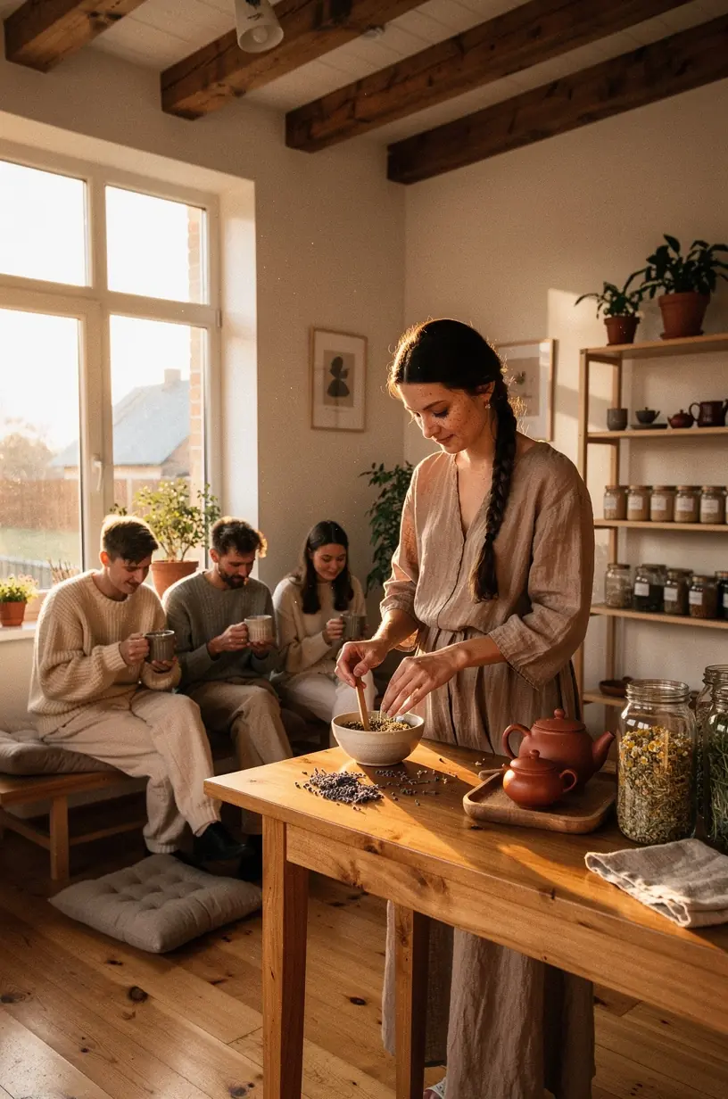 Raminantis arbatos puodelis ant medinio stalo šalia žurnalo apie žolelių mišinių ritualus ir atsipalaidavimą.